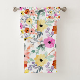 Pink, Red, Yellow Floral Flowers Watercolor  Bath Towel Set