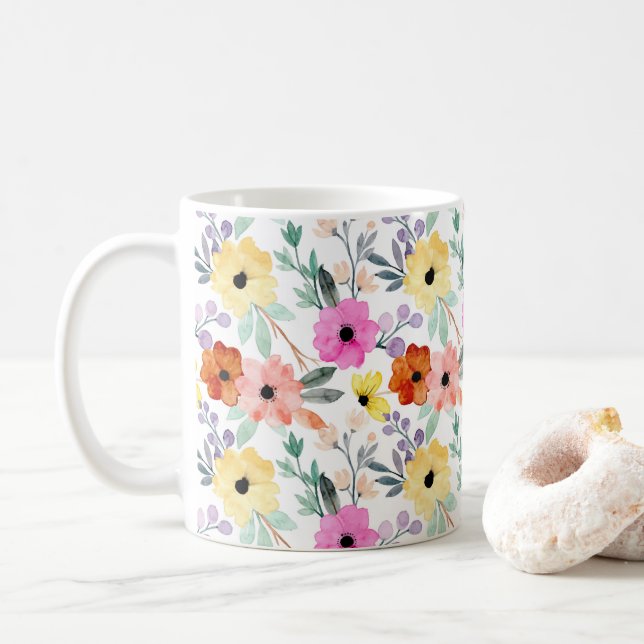 Pink, Red, Yellow Floral Flowers Watercolor  Coffee Mug (With Donut)