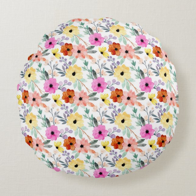 Pink, Red, Yellow Floral Flowers Watercolor  Round Cushion (Front)