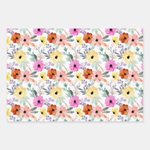 Pink, Red, Yellow Floral Flowers Watercolor Wrapping Paper Sheet