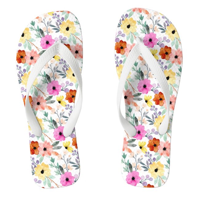 Pink, Red, Yellow Floral Flowers Women's  Flip Flops (Footbed)