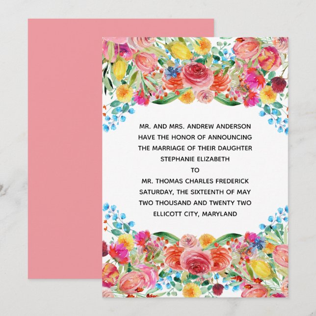 Pink Red Yellow Floral Formal Wedding Announcement (Front/Back)