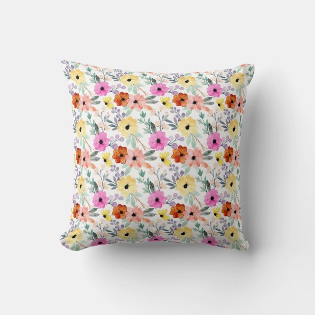 Pink, Red, Yellow Floral Watercolor Cushion (Front)