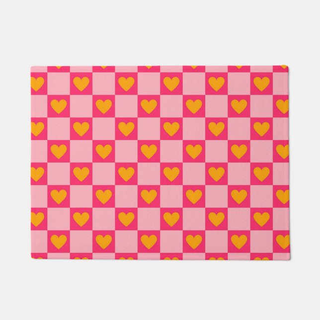 Pink Red Yellow Heart Love Chequered Y2K Pattern Doormat (Front)