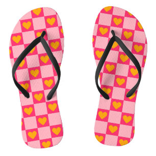Pink Red Yellow Heart Love Chequered Y2K Pattern Flip Flops