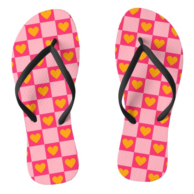 Pink Red Yellow Heart Love Chequered Y2K Pattern Flip Flops (Footbed)