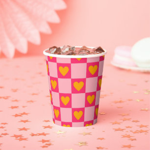 Pink Red Yellow Heart Love Chequered Y2K Pattern Paper Cups