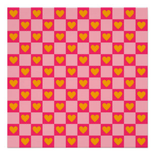 Pink Red Yellow Heart Love Chequered Y2K Pattern Poster