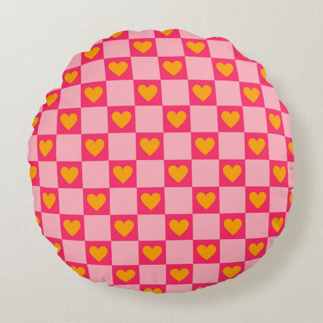 Pink Red Yellow Heart Love Chequered Y2K Pattern Round Cushion (Front)