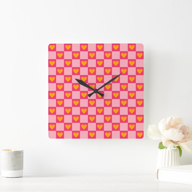 Pink Red Yellow Heart Love Chequered Y2K Pattern Square Wall Clock (Home)
