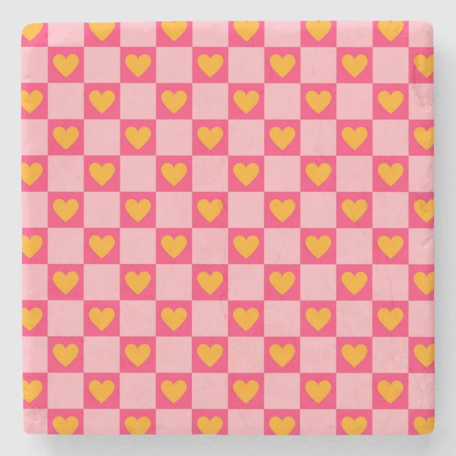 Pink Red Yellow Heart Love Chequered Y2K Pattern Stone Coaster (Front)