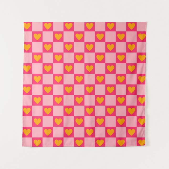 Pink Red Yellow Heart Love Chequered Y2K Pattern Tapestry (Front)