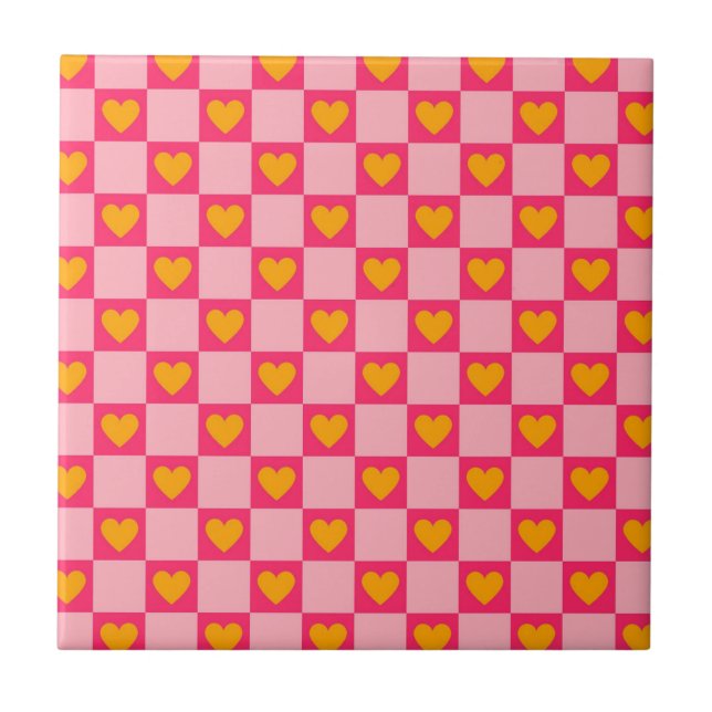 Pink Red Yellow Heart Love Chequered Y2K Pattern Tile (Front)