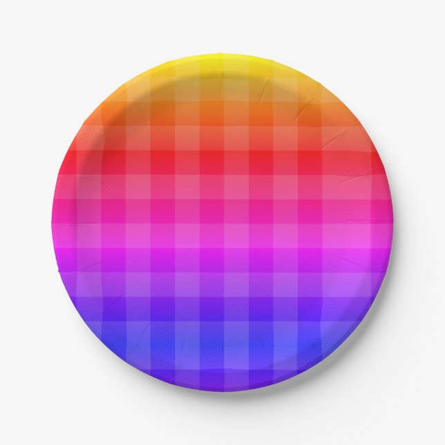 Pink red yellow orange red purple blue plaid paper plate (Front)