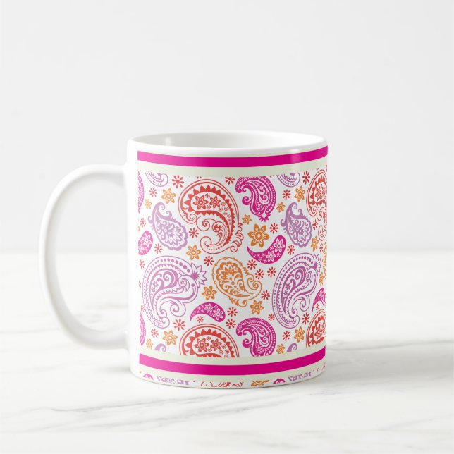 Pink Red & Yellow Paisley Pattern Design Coffee Mug (Left)