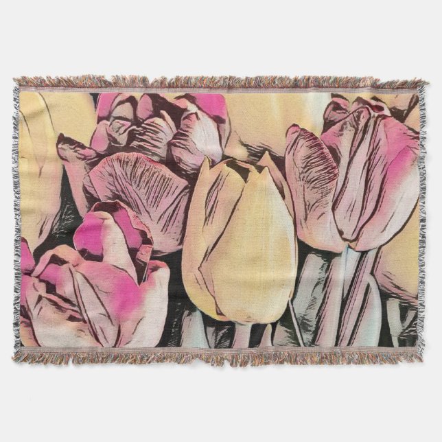Pink Red Yellow Tulips Retro Drawing  Throw Blanket (Front)