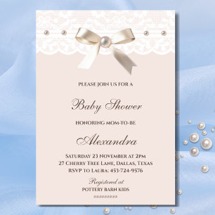 Pink Regency Bow Pearl White Lace Baby Shower Invitation