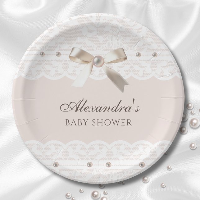 Pink Regency Pearl Satin Bow Lace Baby Shower Paper Plate (Creator Uploaded)