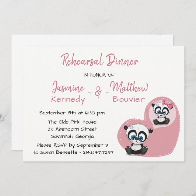 Pink Rehearsal Dinner Panda Teddy Bear Wedding Invitation (Front/Back)