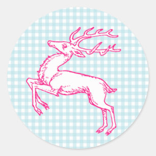 Pink Reindeer Blue Gingham Classic Round Sticker