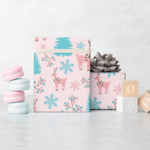 Pink Reindeer Blue Pine Tree & Berry Branch Wrapping Paper
