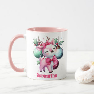Pink Reindeer Christmas Kids Hot Chocolate Mug