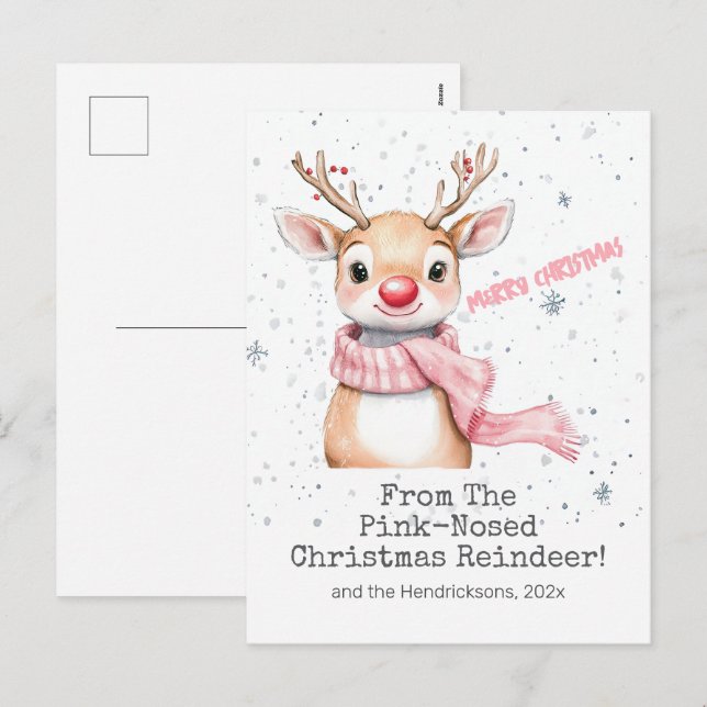 Pink Reindeer Christmas Postcard (Front/Back)