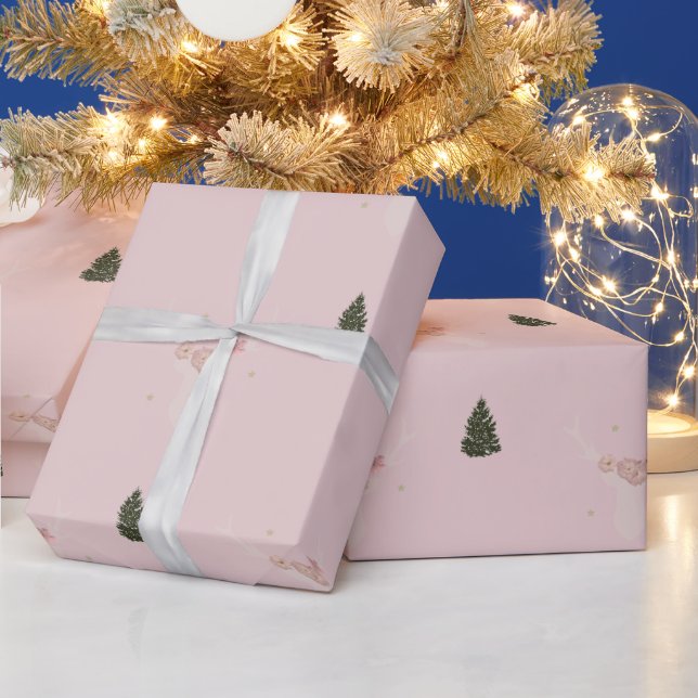 Pink Reindeer Christmas tree wrapping paper (Holidays)