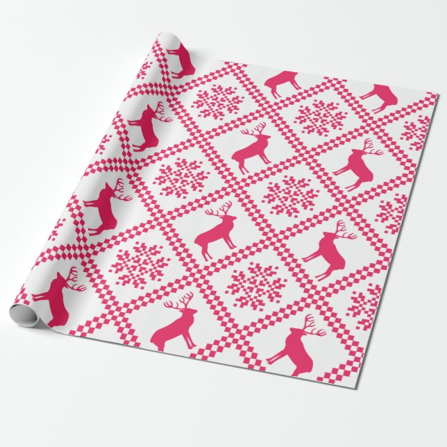 Pink Reindeer geometric Christmas pattern Wrapping Paper (Unrolled)