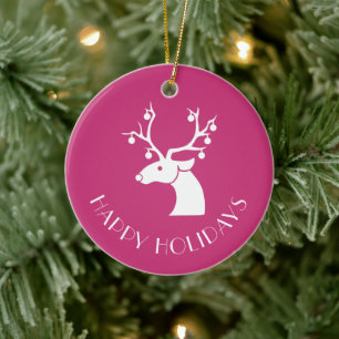 Pink Reindeer HAPPY HOLIDAYS Personalised Name Ceramic Tree Decoration