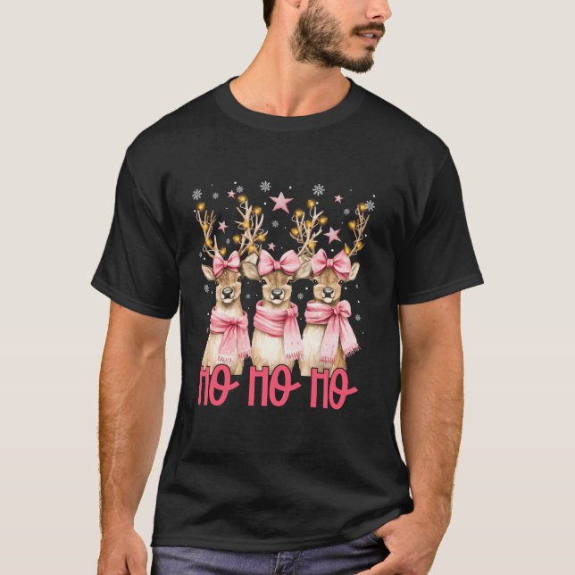Pink Reindeer Ho Ho Ho Christmas Lights Girl Women T-Shirt (Front)
