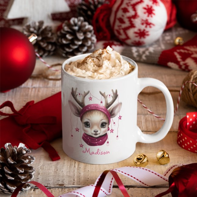 Pink Reindeer Personalised Kids Mug (Cute Christmas Mug
)