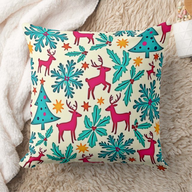 Pink Reindeer Teal Tree Pattern Design Cushion (Blanket)