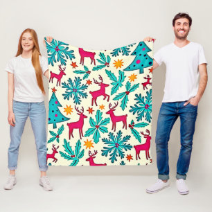 Pink Reindeer Teal Tree Pattern Design Fleece Blanket