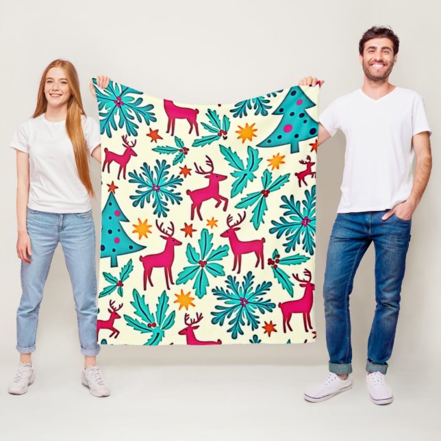 Pink Reindeer Teal Tree Pattern Design Fleece Blanket (In Situ)
