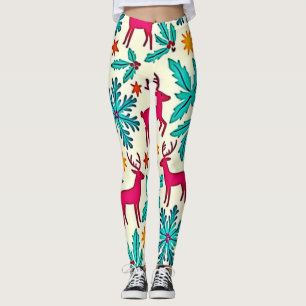 Pink Reindeer Teal Tree Pattern Design Leggings