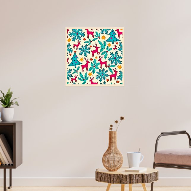 Pink Reindeer Teal Tree Pattern Design Poster (Living Room 3)