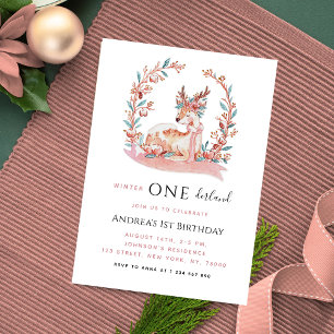 Pink Reindeer Winter Onederland Girl 1st Birthday Invitation