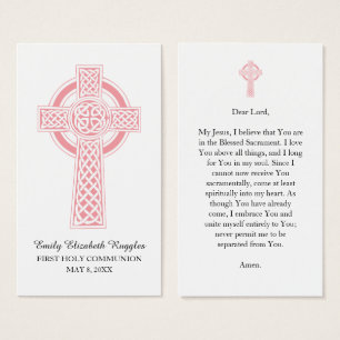 Pink Religious Cross First Communion Prayer Card