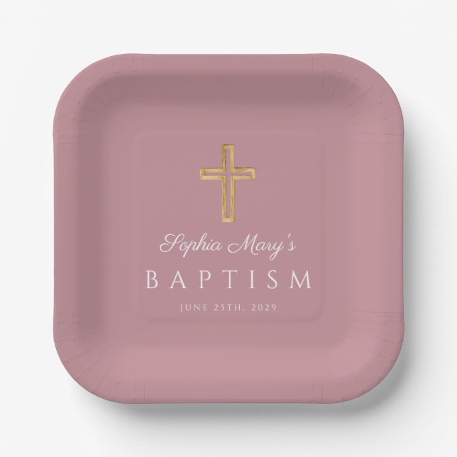 Pink Religious Cross Girl Baptism Paper Plate (Front)
