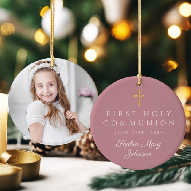 Pink Religious Cross Girl First Communion Photo  Ceramic Tree Decoration (Pink Religious Cross Girl First Communion Photo Ceramic Ornament)