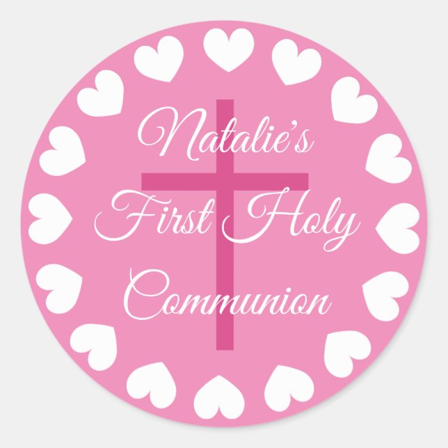 Pink religious cross girl's first holy communion classic round sticker (Front)