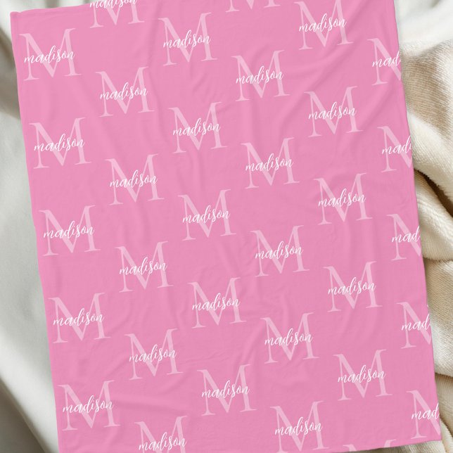 Pink Repeating Monogram Personalised Name Fleece Blanket (Creator Uploaded)