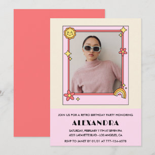  Pink Retro 70s Groovy Photo 34th birthday Invitation