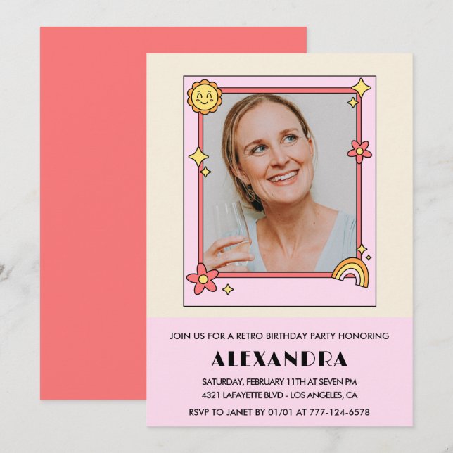  Pink Retro 70s Groovy Photo 41st birthday Invitation (Front/Back)