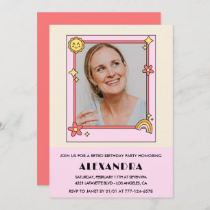Pink Retro 70s Groovy Photo 54th birthday Invitation