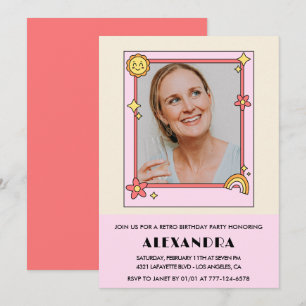  Pink Retro 70s Groovy Photo 63rd birthday Invitation