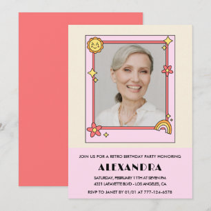  Pink Retro 70s Groovy Photo 77th birthday Invitation