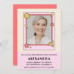  Pink Retro 70s Groovy Photo 78th birthday Invitation