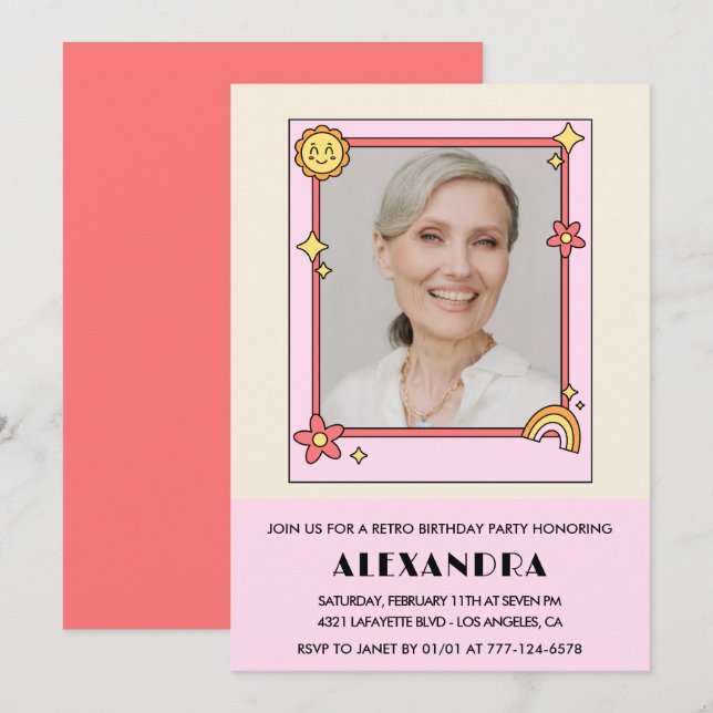 Pink Retro 70s Groovy Photo 84th birthday Invitation (Front/Back)
